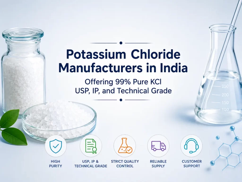 Potassium Chloride Manufacturers in India supplying 99% pure KCl USP, IP, and Technical Grade with COA, MSDS, and reliable industrial chemical solutions.