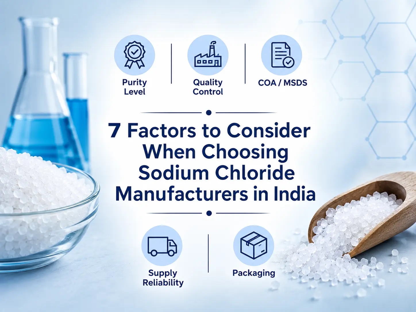 7 factors to consider when choosing Sodium Chloride Manufacturers in India for high-purity NaCl, reliable supply, COA, MSDS, and quality standards.