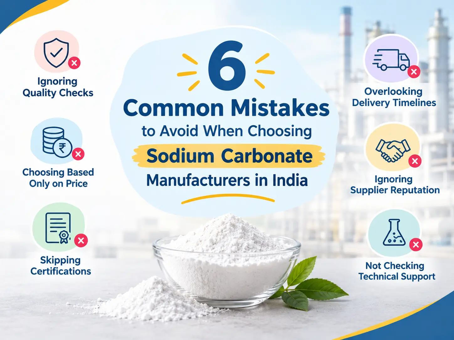 6 common mistakes to avoid when choosing Sodium Carbonate Manufacturers in India for quality, purity, COA, MSDS, reliable supply, and packaging.